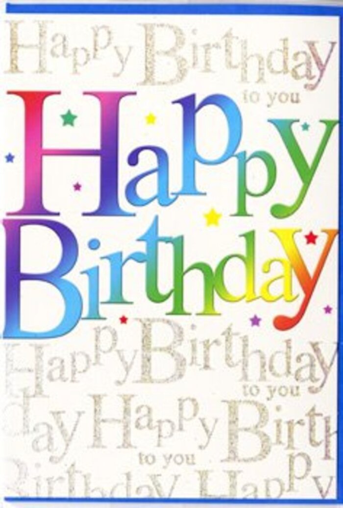 In this image, the birthday card's front design is presented in clear, even light, allowing each element to shine with the kind of understated sophistication you might find in a Hampstead gallery window. Centrally, the words Happy Birthday dominate in generous, rounded lettering, each character painted in a different bright colour that flows naturally into the next. The gradient moves from deep berry reds through juicy oranges and warm yellows into crisp greens and serene blues, finally resting in gentle purples, creating a soft, chromatic sweep reminiscent of the changing colours across Hampstead Heath at sunset. The lettering appears slightly embossed, with a smooth, satiny sheen that suggests a high-quality print finish; it feels as though you could almost feel the edges of each letter under your fingertips. Behind this joyful phrase, the background is enriched with continuous golden script. That script, in an elegant, curling hand, repeatedly spells Happy Birthday to you, the lines overlapping and layering so that the words form an intricate pattern rather than simple text. The gold ink has a subtle metallic lustre, catching light in a way that's more whisper than shout, much like the quiet gleam of brass door knockers along the streets near Hampstead High Street. Scattered around the letters are tiny splashes and dots of colour, like miniature confetti or distant sparks, enhancing the sense of festivity without crowding the design. The whole card feels carefully composed and artistically balanced: a bold central message surrounded by a halo of shimmering, affectionate repetition. As a florist often asked to recommend a card to sit beside a birthday arrangement in homes from South End Green to the edges of the Heath, I recognise in this design the same intention we put into our flowers-a desire to make the recipient feel truly seen and celebrated.
