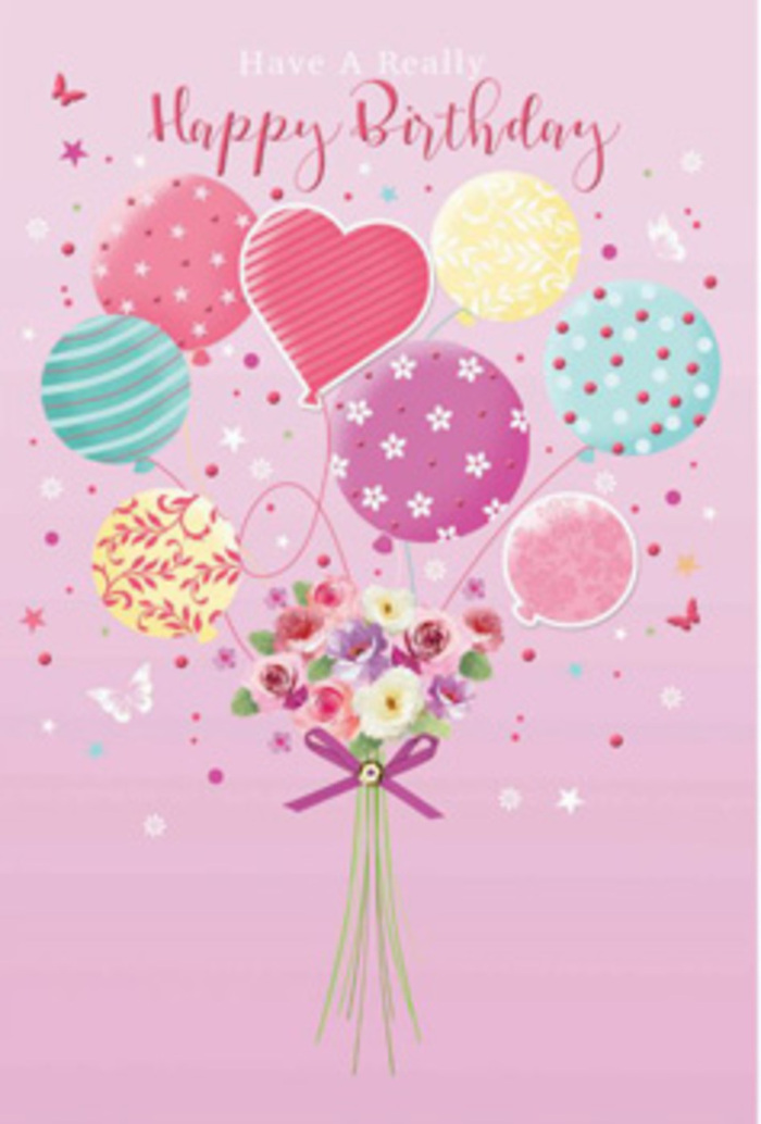 Illustrated floral birthday scene with pastel balloons and a hand-tied bouquet, described with the eye of a Hampstead florist who often arranges pieces for Heath-side celebrations. The background is a gentle blush-pink tone, giving the impression of a soft paper card held in warm, filtered light. Rising from the centre, a cluster of pastel balloons drifts upward with a weightless, buoyant energy. Their designs vary: some are wrapped in flowing, ribbon-like stripes; others are dotted with small spots that seem to shimmer; a few show delicate floral and swirl motifs. The colours-pale sunshine yellow, rosy fuchsia, lavender, and cool sea green-intermingle in a soothing harmony, reminiscent of early spring blossoms along Church Row. Below this airy cluster, a compact bouquet anchors the illustration. Petite roses and daisy-inspired blooms in shades of cream, blush, and soft mauve form a rounded, carefully balanced arrangement. Each petal is softly shaded, with velvety textures suggested by gentle lines and subtle colour transitions, as though the flowers have just been arranged on a workbench in a Hampstead High Street shop. The stems are gathered with a sparkling purple bow, its satin sheen catching the imagined light with a sophisticated glimmer. Around the scene, tiny butterflies flutter and a scattering of star-like accents floats upward, evoking birthday magic and whispered wishes. The overall atmosphere is one of gentle jubilation-a quiet yet joyful celebration captured in pastel tones, perfect for a birthday greeting that makes someone in Hampstead feel truly cherished, whether they live in a cosy attic flat or a leafy terrace near Hampstead Heath.