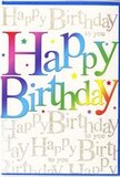 The birthday card captured here looks like a small artwork of celebration, the kind of piece you might place beside a vase of fresh blooms on a windowsill overlooking Hampstead's leafy streets. The focal point is the phrase Happy Birthday, stretching in broad, softly curved letters that give a friendly, welcoming feel. Each letter is filled with a rich, saturated colour, shifting across the spectrum from bold reds to sunny oranges and yellows, through fresh greens, into cool blues and gentle purples, so that the words themselves resemble a string of multicoloured lanterns. The surface of the text appears silky and smooth, reflecting light in a quiet sheen, as though printed on quality, slightly glossy cardstock. Behind this rainbow greeting, the background is adorned with line after line of delicate golden handwriting, repeating Happy Birthday to you in flowing cursive. The script winds over the card like gentle musical notation, creating a visual rhythm. The metallic gold ink glints subtly, especially where the light grazes it, echoing the refined touches you might see in an independent boutique near Hampstead Underground station. Around the main words, tiny spots and star-like flecks of colour float, suggesting the soft fall of confetti or the flicker of fairy lights at a birthday supper near Parliament Hill. The composition balances lively colour with refined shimmer, ensuring that the exuberant message remains anchored by elegant detail. For a florist in Hampstead helping someone choose both flowers and card for a special birthday, this design would be an easy recommendation: it conveys joy and warmth in equal measure, and feels just as thoughtfully put together as a hand-tied bouquet.
