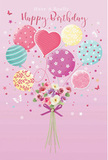 Whimsical birthday card artwork showing pastel balloons lifting a delicate floral bouquet, imagined through the lens of a Hampstead florist who adores soft, storybook designs. The entire scene rests on a smooth, dusky-pink background, like a page ready to hold a handwritten birthday message. At the top and centre, a lively cluster of balloons floats upward: some swirl with candy-coloured stripes in rose, lemon, and mint; others bloom with playful polka dots in lavender and teal; one prominent balloon suggests a tender heart shape, radiating warmth and affection. Their pastel shades blend seamlessly, echoing the gentle hues of a sunset over Hampstead Heath. Beneath this floating parade, a bouquet gathers at the base, brimming with delicate roses and anemone-like blossoms in creamy ivory, blush pink, and gentle mauve. The flowers are closely clustered, their petals appearing feathery, layered, and softly textured, as if just arranged for delivery to a quiet home off Heath Street. A violet satin bow wraps around the stems, its sheen catching traces of imagined light and adding a graceful finishing touch. Tiny stars and fluttering butterflies dance around the bouquet and balloons, lending an almost fairy-tale atmosphere, like birthday confetti caught in a soft breeze. You can almost sense a delicate fragrance rising from the bouquet-a sweet, comforting mix of rose and garden florals. The whole composition feels airy, sweet, and perfectly festive, capturing the spirit of a birthday in Hampstead that is meant to feel bright, tender, and unforgettable.