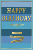 A calm, beautifully composed birthday card in tones of blue and gold stands as if set on a sideboard in a Hampstead home, ready to accompany a vase of fresh blooms. The background is made of broad horizontal bands that travel across the card, each a distinct shade of blue, building from a deep, midnight navy through gentler mid-blues to a pale, almost cloudlike blue near the bottom. This gentle gradient creates a sense of depth and serenity, reminiscent of watching evening settle over Hampstead Heath. In the middle, the phrase HAPPY BIRTHDAY is emblazoned in embossed, metallic gold capitals, each letter raised with crisp edges and a polished surface that catches light in a soft glow. The gold lettering is prominent yet tasteful, sitting comfortably against the soothing blues. Directly beneath, an elegant golden flourish curves in a symmetrical sweep, adding a touch of timeless decoration that recalls ornate shopfront details on the quieter streets off Hampstead High Street. Below, three slim gold banners stretch from side to side in neat alignment, each embossed with part of the friendly wish: Relax, have a great day and enjoy! These banners appear like narrow strips of brushed metal, adding both shine and texture. Finishing the composition, a thin gold line frames the card, holding all the elements in a balanced arrangement much as foliage frames a birthday bouquet. The card's surface looks smooth and slightly velvety under soft light, with the contrast between matte blues and reflective gold lending an air of gentle luxury. It feels like a thoughtful, soothing birthday gesture, suited to a slow morning celebration with flowers and coffee in Hampstead Village.